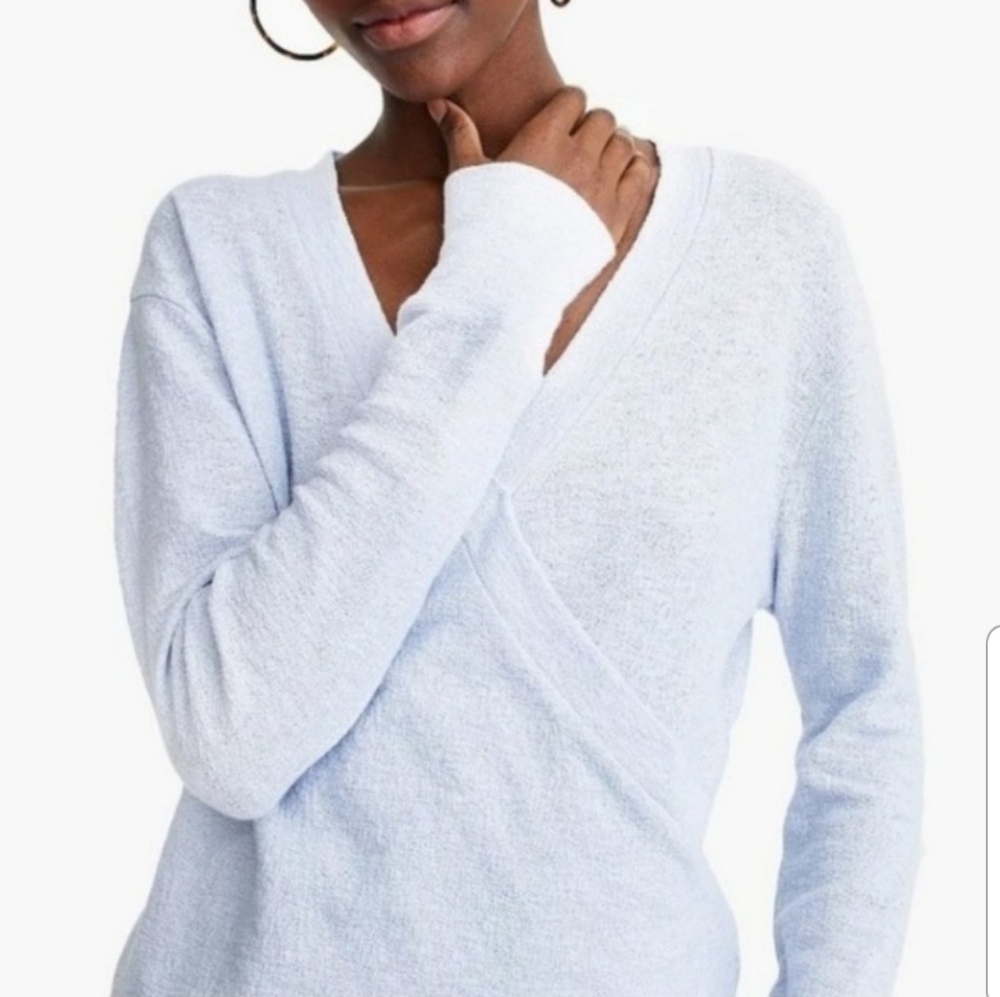 J Crew Faux Wrap Blue Top Textured Crepe Cotton